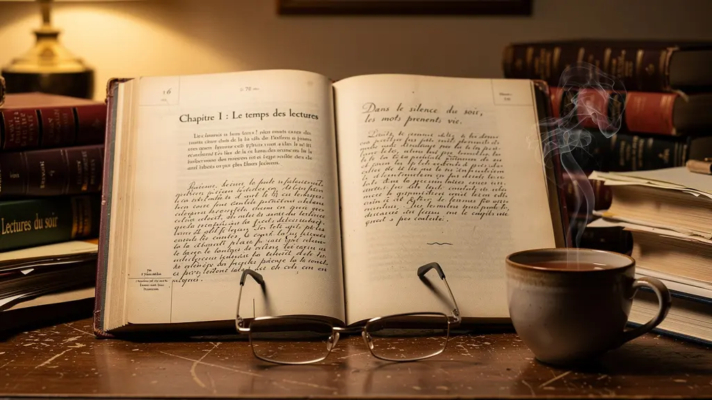 Fac-similé de manuscrit ouvert sur un bureau avec ambiance de lecture