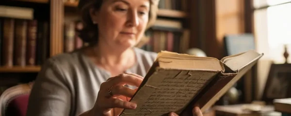 Femme feuilletant un fac-similé de manuscrit ancien dans une bibliothèque privée