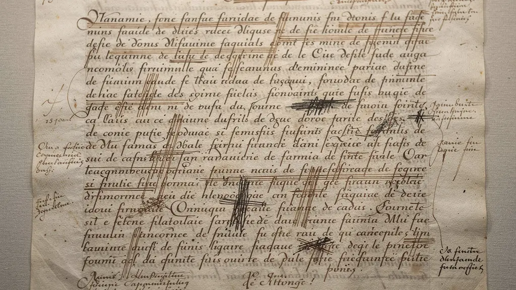 Page de manuscrit ancien avec ratures visibles et annotations marginales